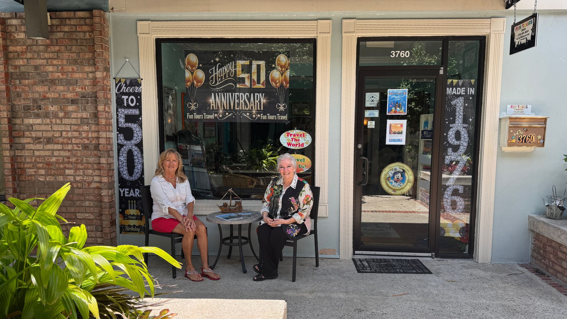 Fun Tours Travel team outside their Stuart, Florida storefront celebrating 50 years in business
